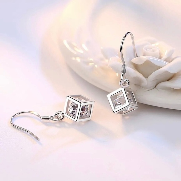 925 Silver Needle Cubic Zirconia Square Drop Hoop Earrings - Picture 5 of 9